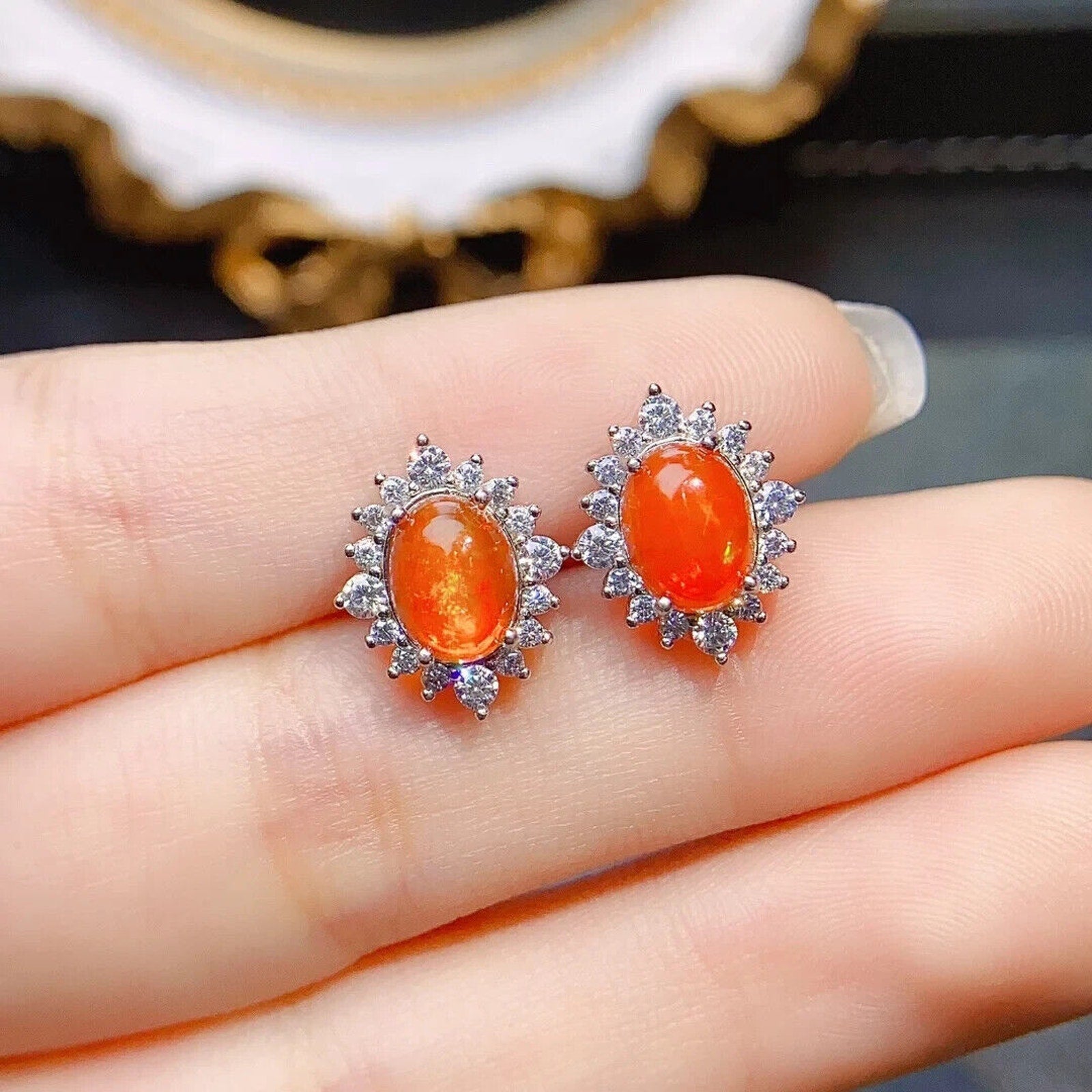 Orange Fire Opal Cluster Stud Earrings, Natural Orange Opal Stud Earrings 6x8mm