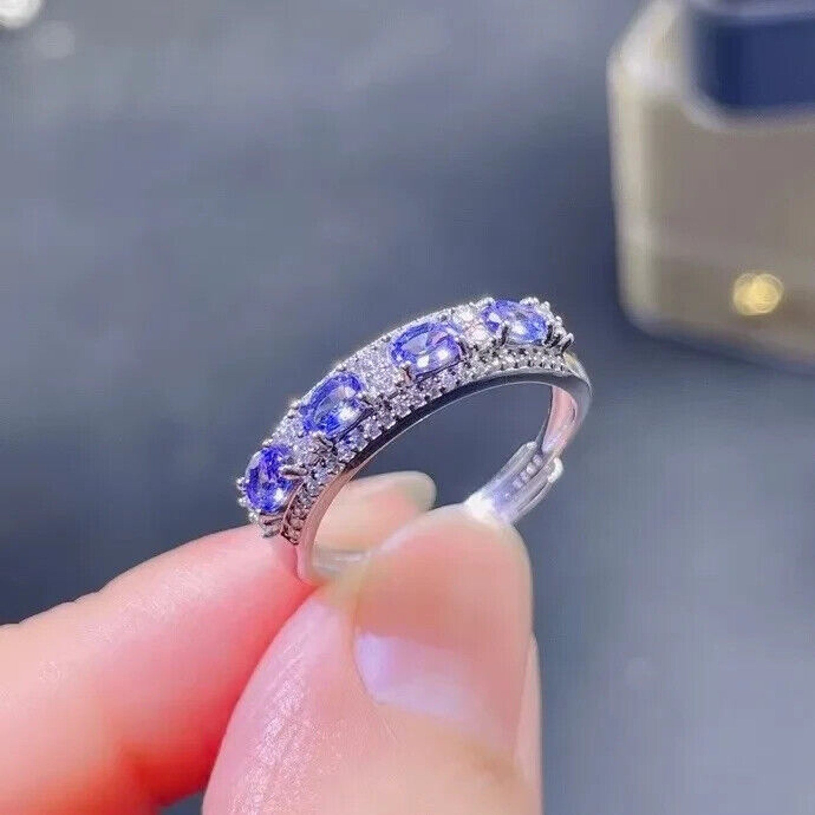 Natural Purple Tanzanite Band Ring 3x4mm Platinum Plated, Tanzanite Band Ring