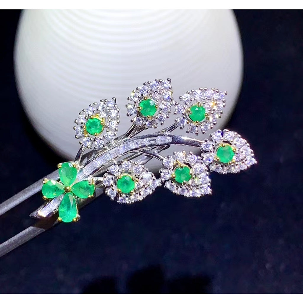 Natural Emerald Brooch Pin, Womens Emerald Flower Brooch Sterling Silver