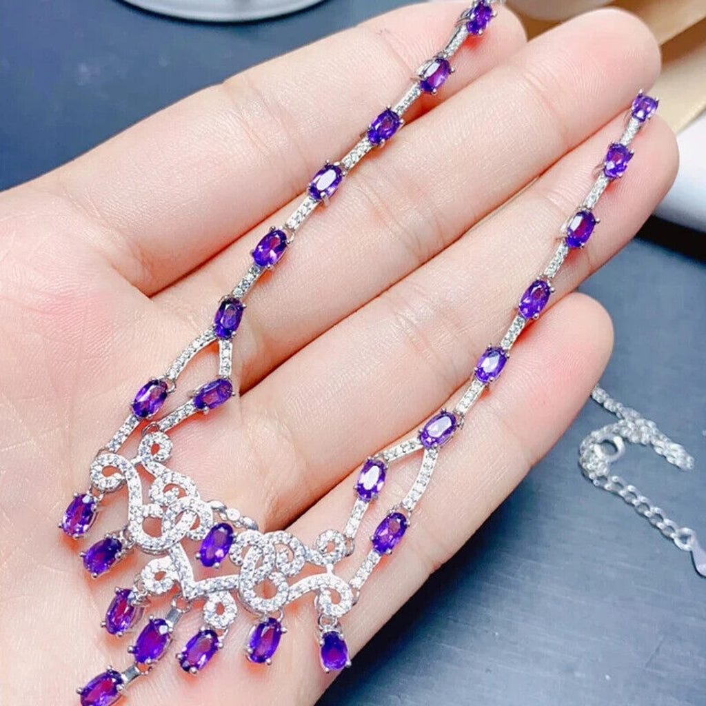 Purple Amethyst Statement Necklace, Natural Amethyst Gemstone Necklace 925