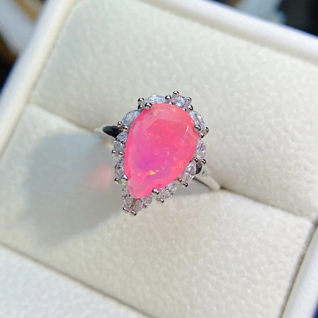 Pink Fire Opal Gemstone Ring 8x14mm, Natural Pear Cut Pink Fire Opal Ring