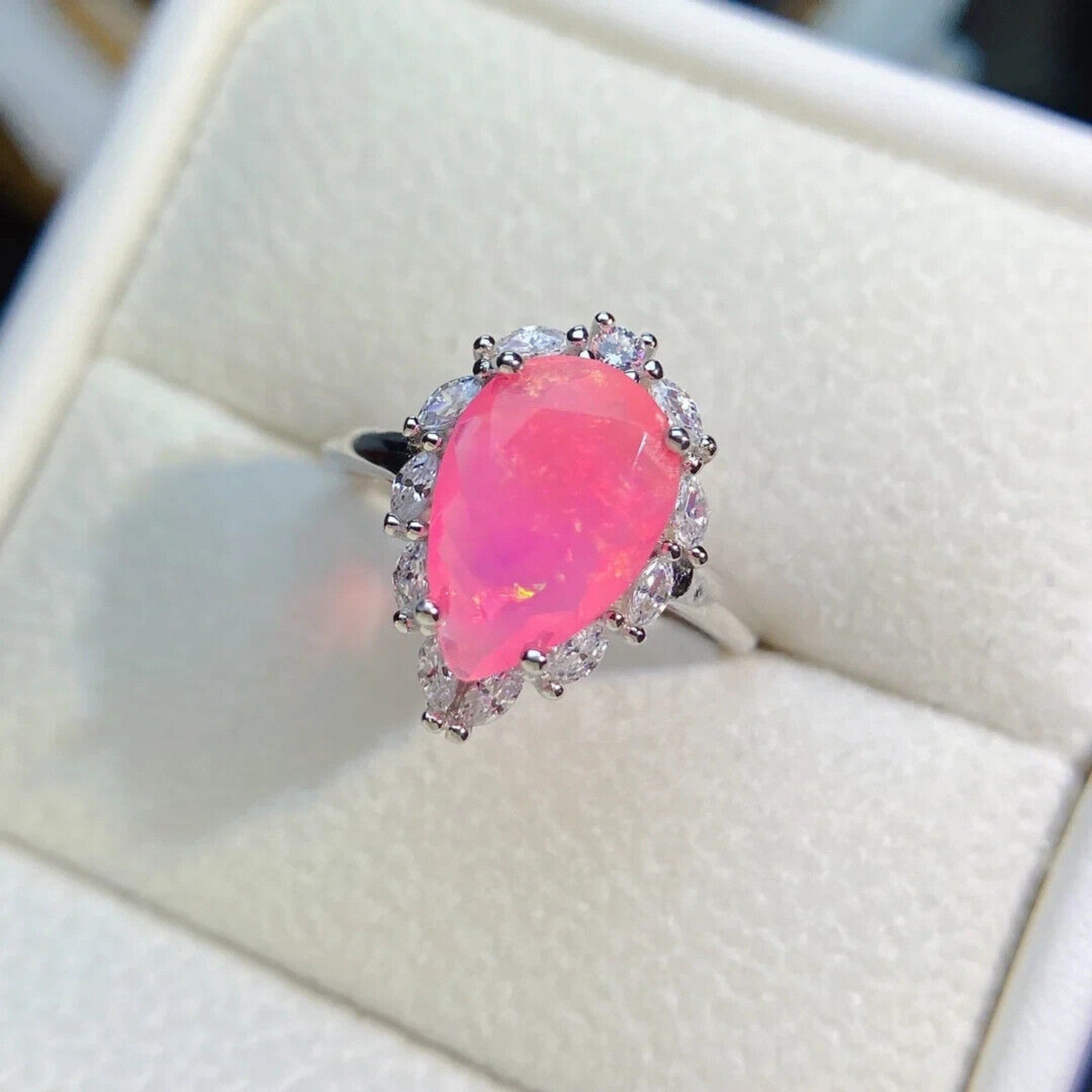 Pink Fire Opal Gemstone Ring 8x14mm, Natural Pear Cut Pink Fire Opal Ring
