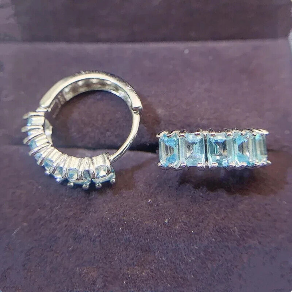 Blue Topaz Hoop Earrings, Sterling Silver Blue Topaz Earrings 3x4mm