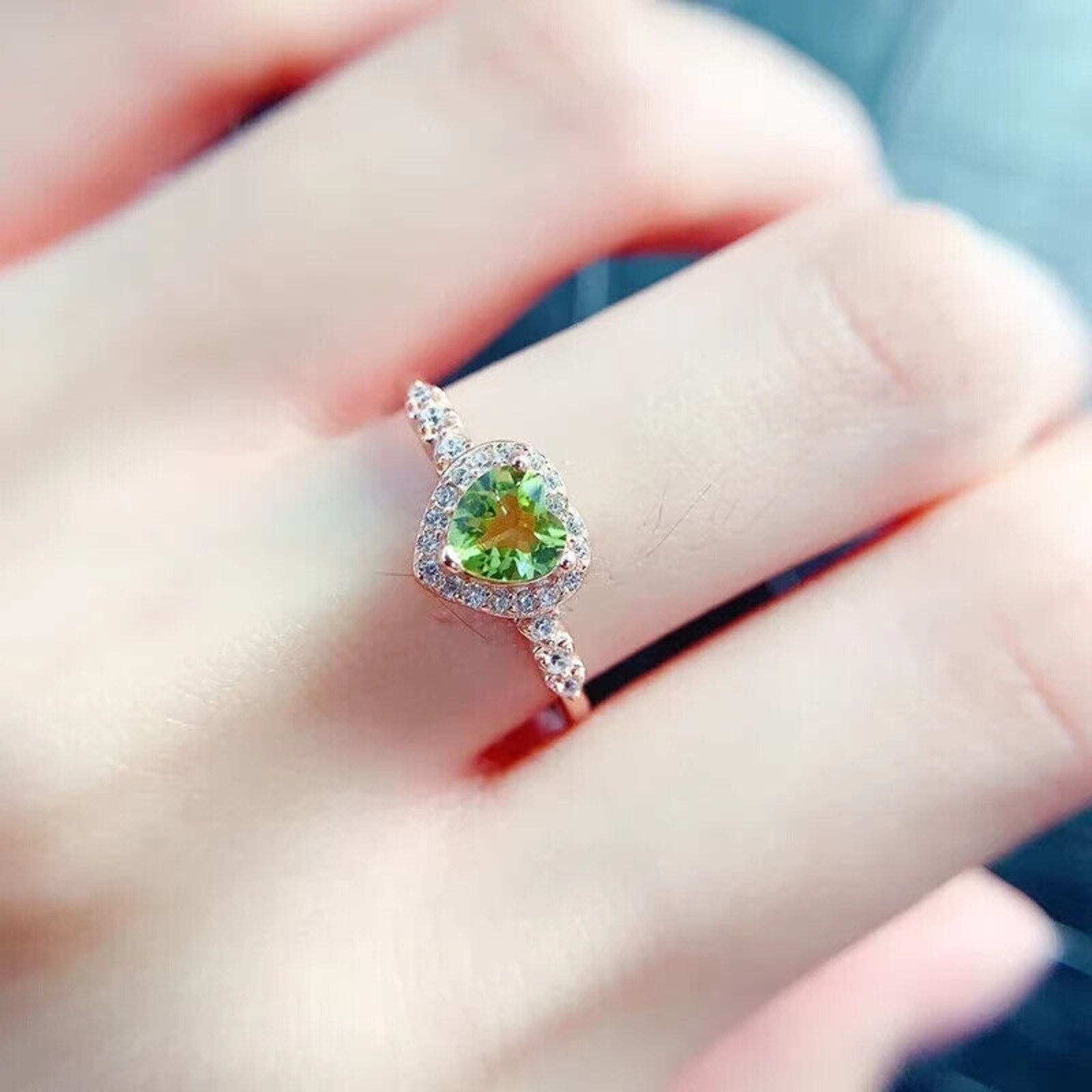 Natural Peridot Gemstone Heart Ring 6mm, August Birthstone Peridot Ring
