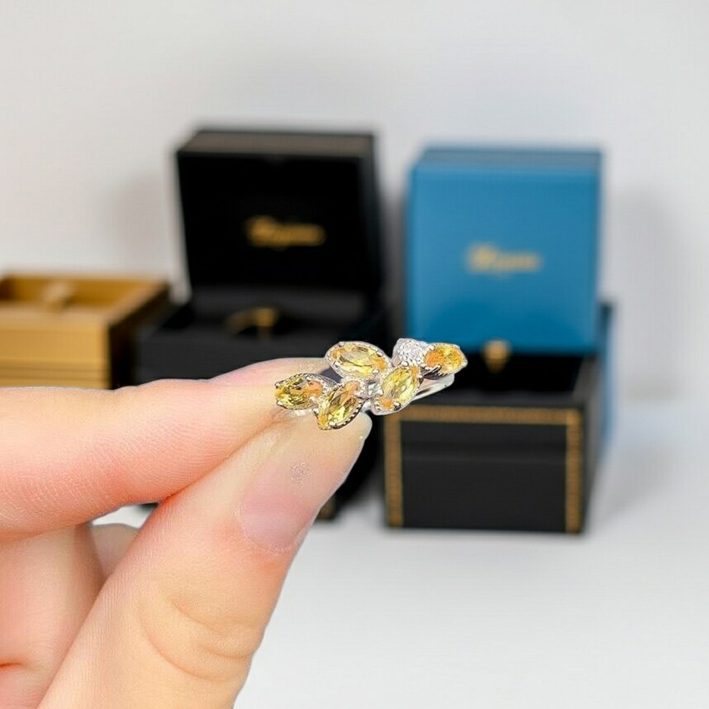 Citrine Marquise Cut Gemstone Ring Platinum Plated Silver