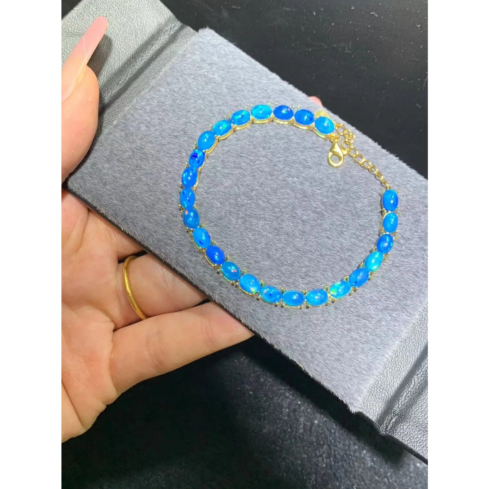 Blue Fire Opal Tennis Bracelet 4x6mm Sterling Silver, Blue Opal Bracelet