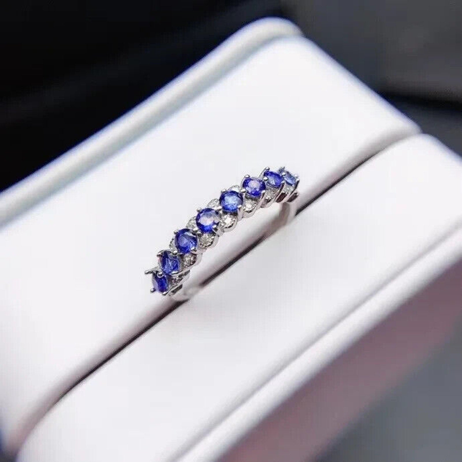 Natural Sapphire Band Ring, Genuine Blue Sapphire Band Ring Sterling Silver