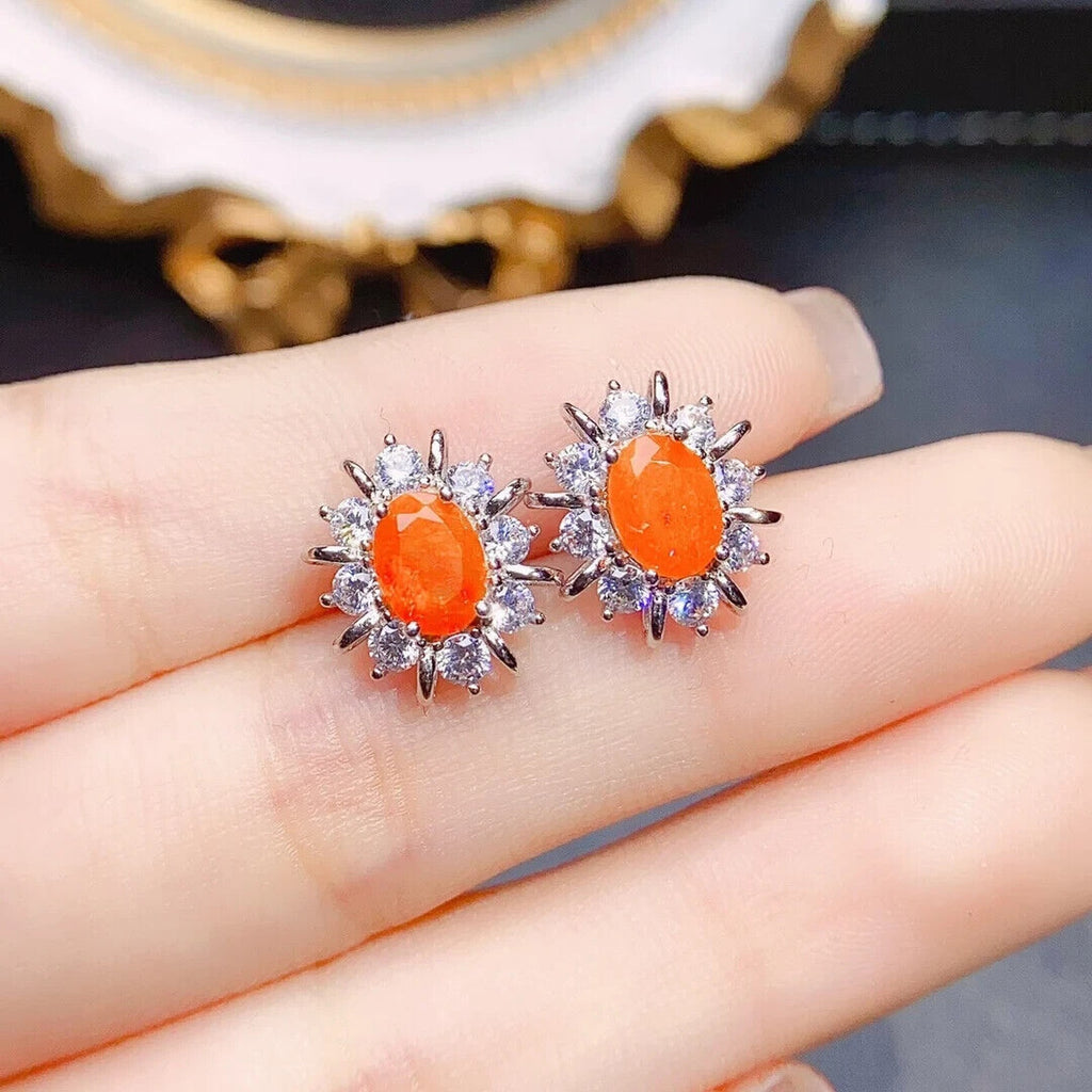 Orange Fire Opal Stud Earrings 5x7mm, Natural Orange Fire Opal Earrings