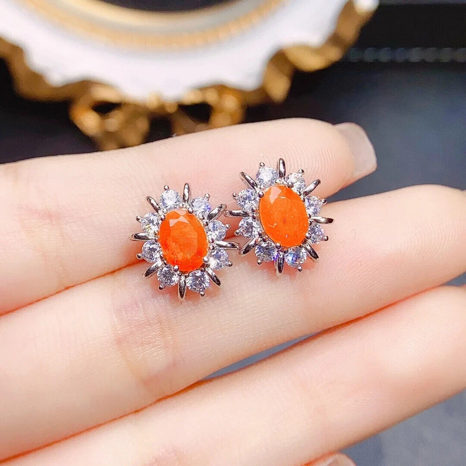 Orange Fire Opal Stud Earrings 5x7mm, Natural Orange Fire Opal Earrings