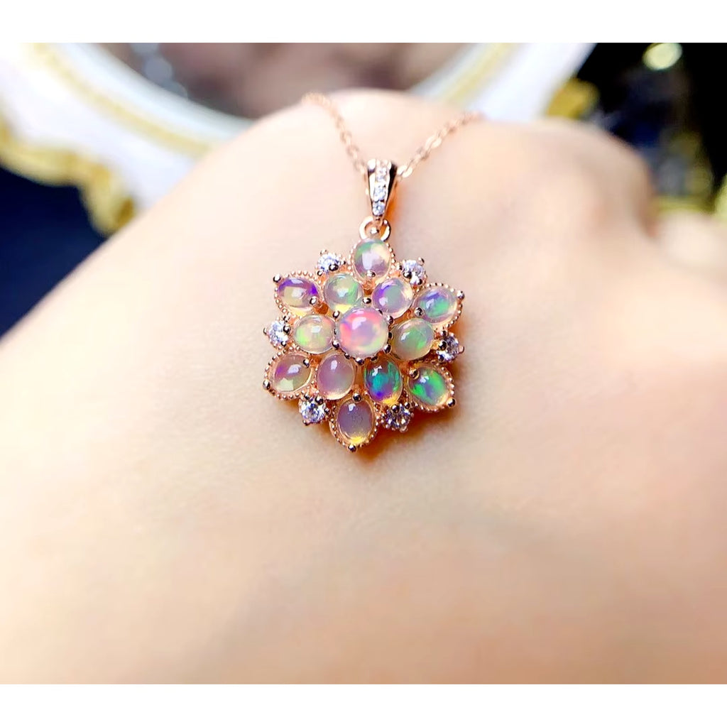 Natural Fire Opal Cluster Pendant Necklace, Women's Opal Pendant Necklace