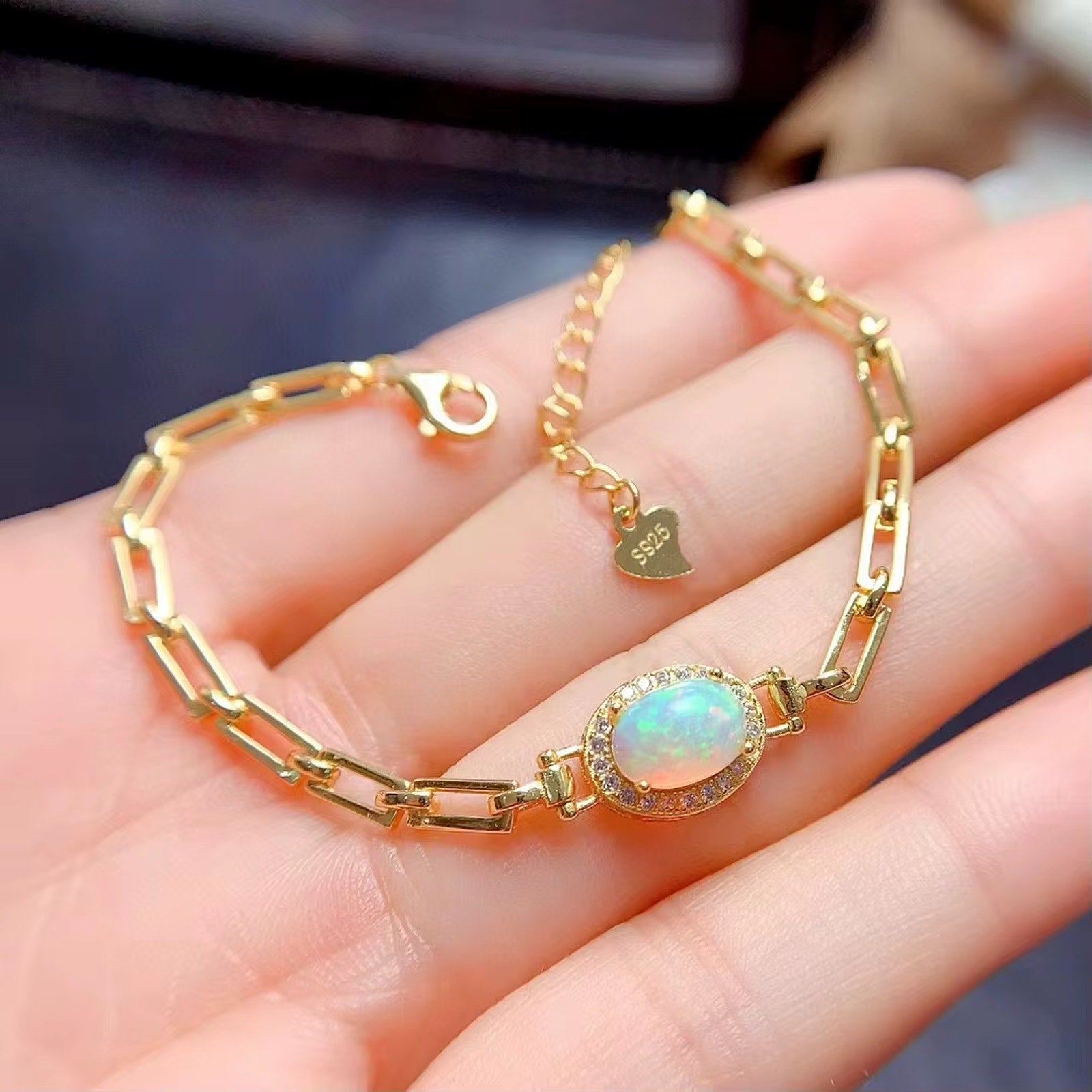 Natural Fire Opal Paperclip Chain Bracelet, Fire Opal Bracelet 925 Sterling