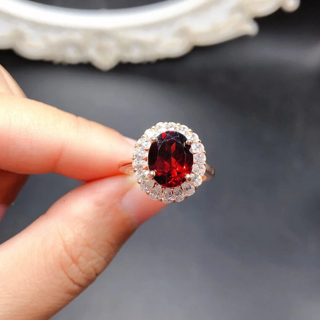 Red Garnet Cluster Statement Ring 8x10mm Platinum Pated Sterling Silver