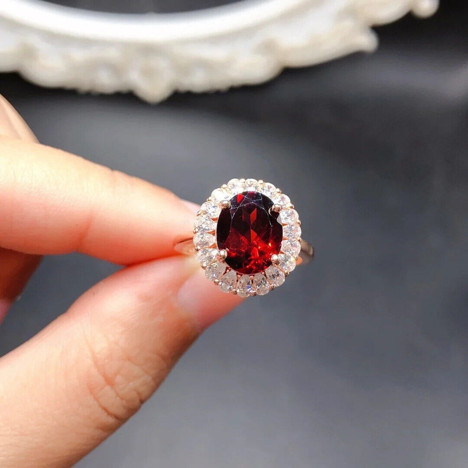 Red Garnet Cluster Statement Ring 8x10mm Platinum Pated Sterling Silver