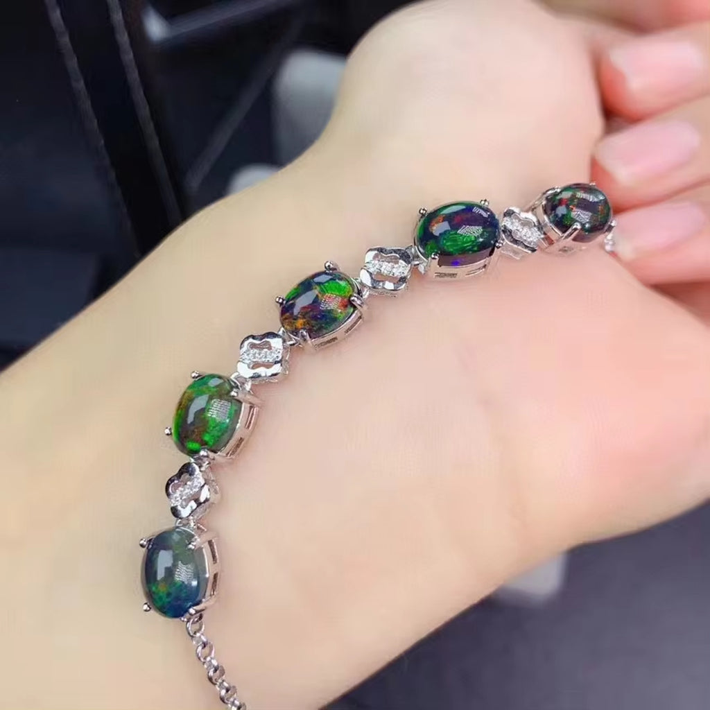 Black Fire Opal Bracelet 925 Sterling Silver, Black Opal Chain Bracelet 6x8mm