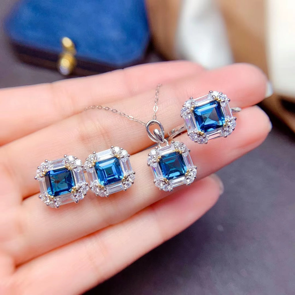 Asscher Cut London Blue Topaz Jewelry Set 925 Sterling Silver, London Blue Topaz