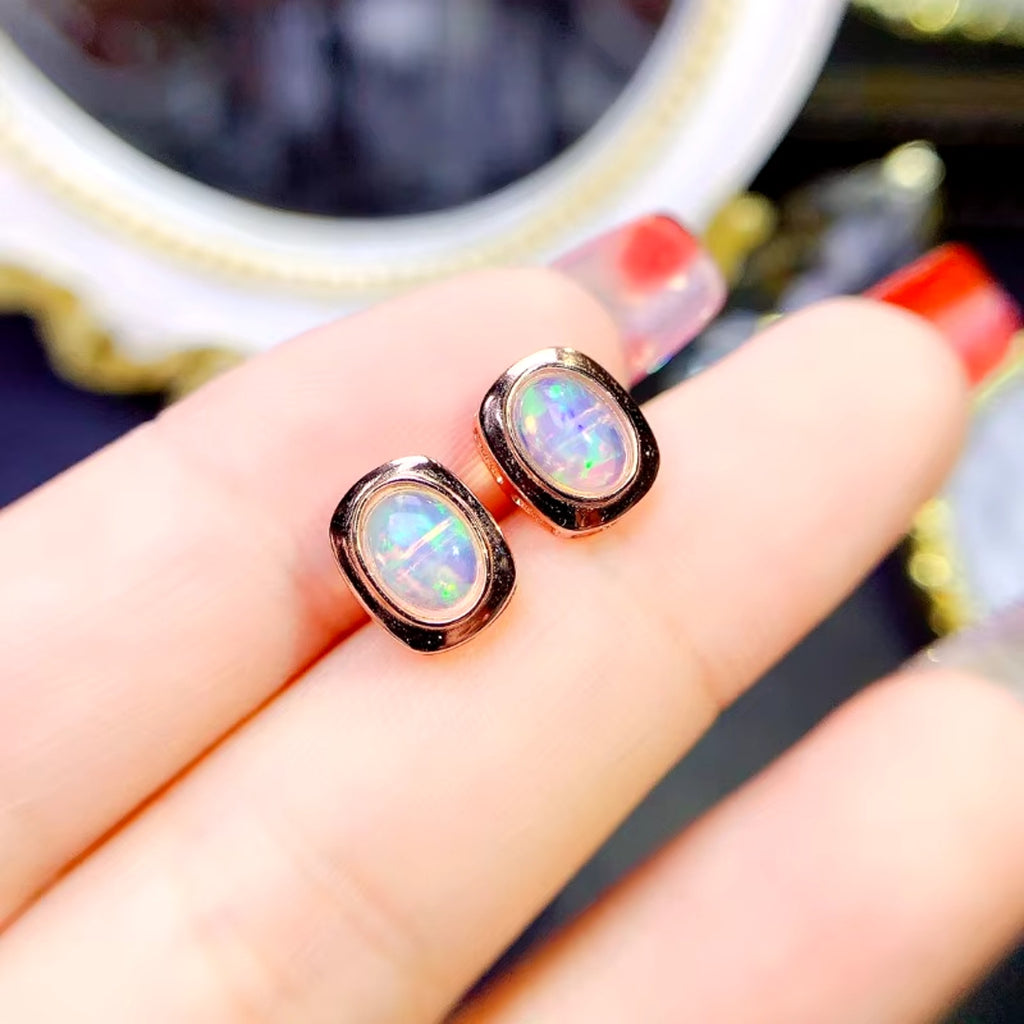 Natural Fire Opal Earrings, Women's Opal Stud Earrings 925 Sterling Silver 5x7mm