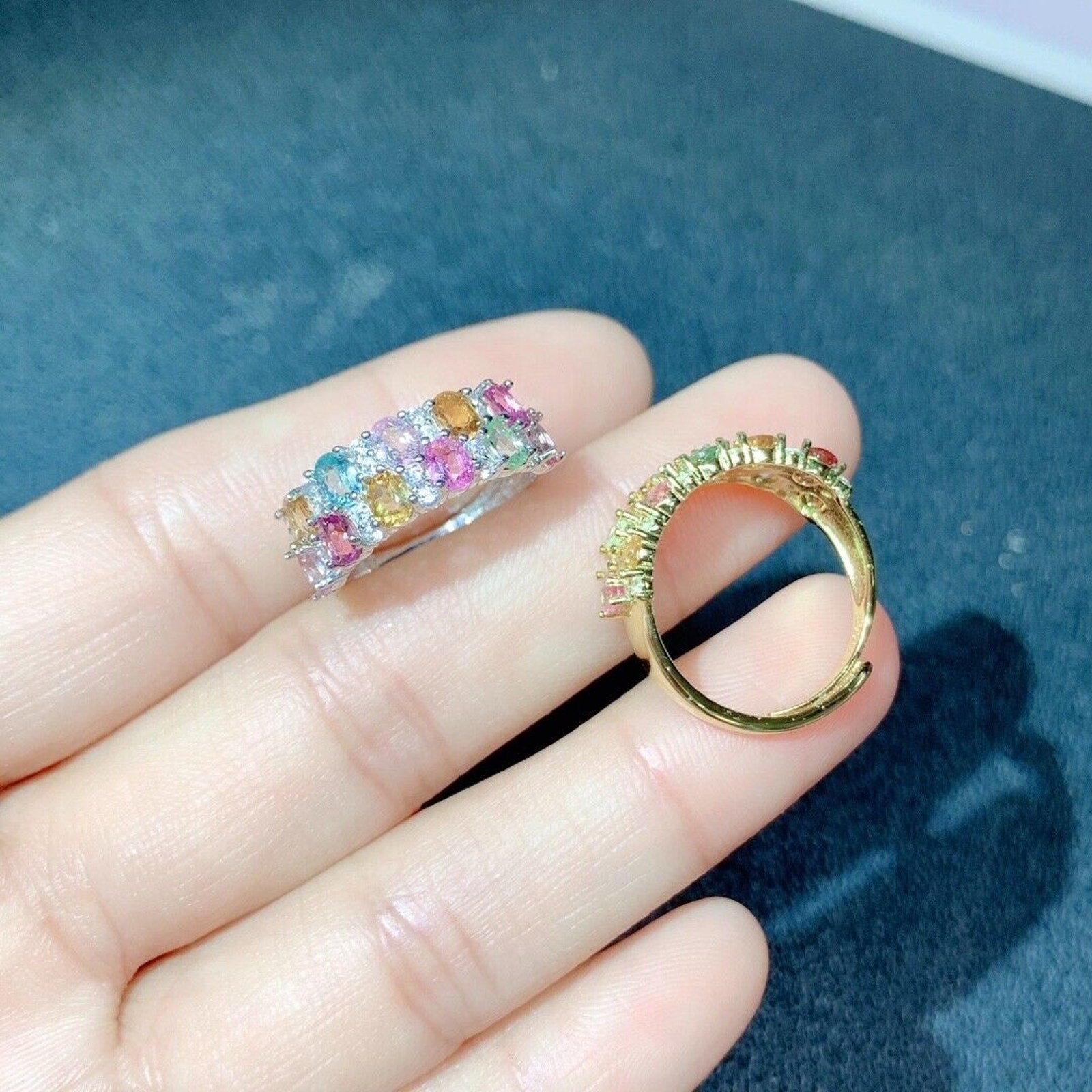 Double Layer Tourmaline Gemstone Band Ring, Women's Natural Tourmaline Rings