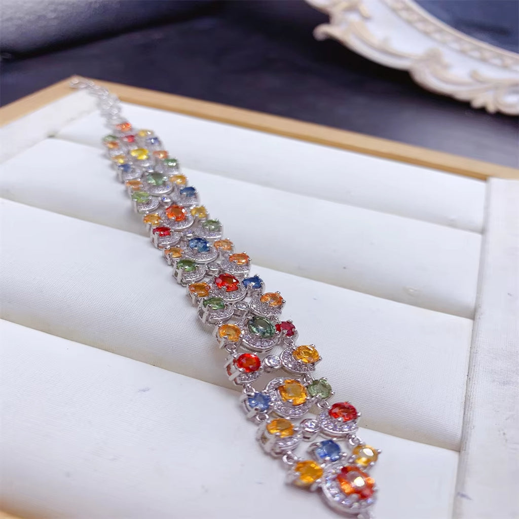 Colorful Sapphire Gemstone Tennis Bracelet, Natural Sapphire Bracelet Silver