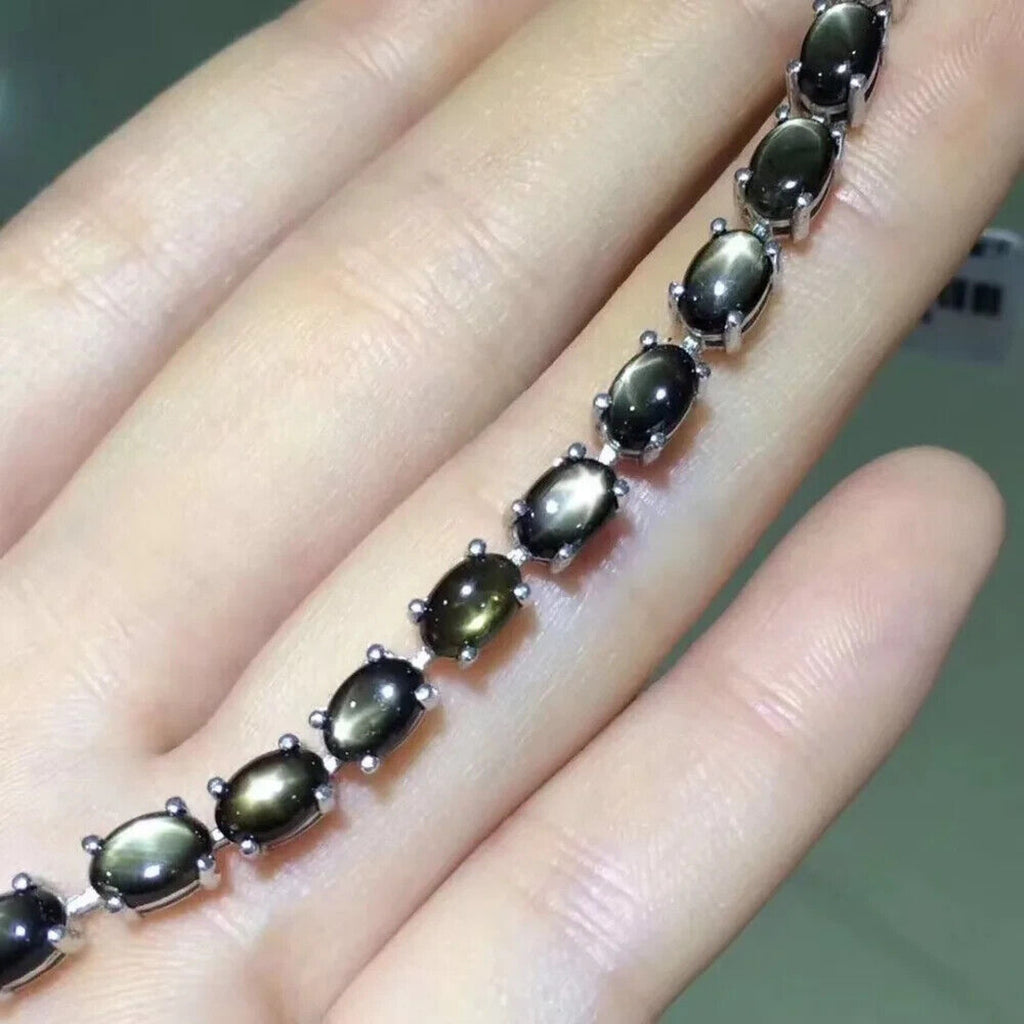 Natural Gray Star Sapphire Tennis Bracelet 4x6mm, Genuine Gray Star Sapphire