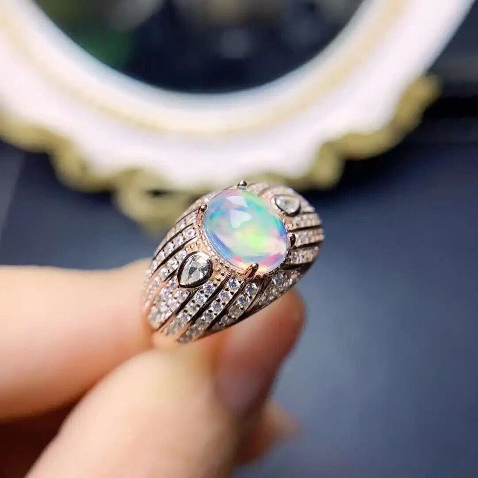 Natural White Opal Cocktail Ring, Women's Wide Band Opal Ring Sterling Silver