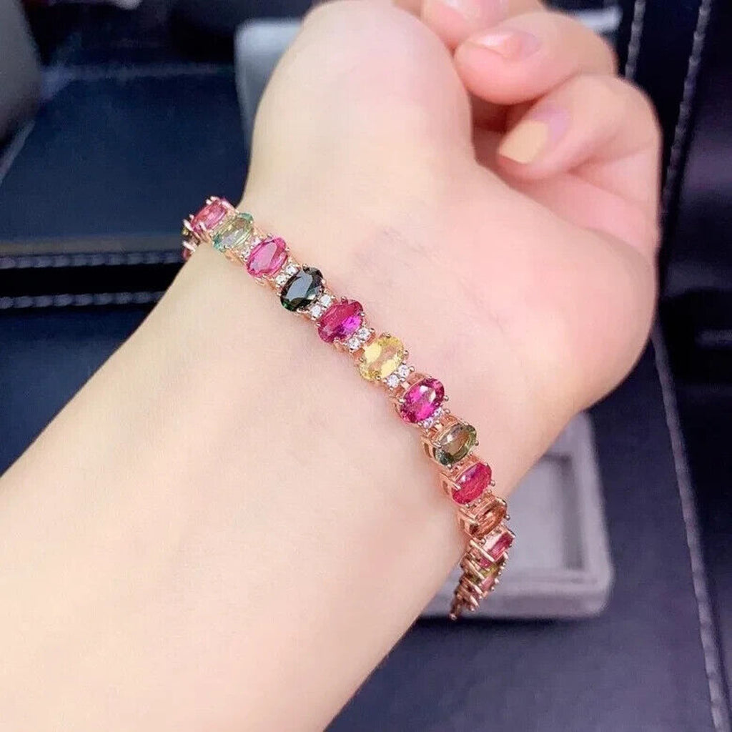 Natural Brazilian Tourmaline Gemstone Tennis Bracelet, Multicolor Tourmaline