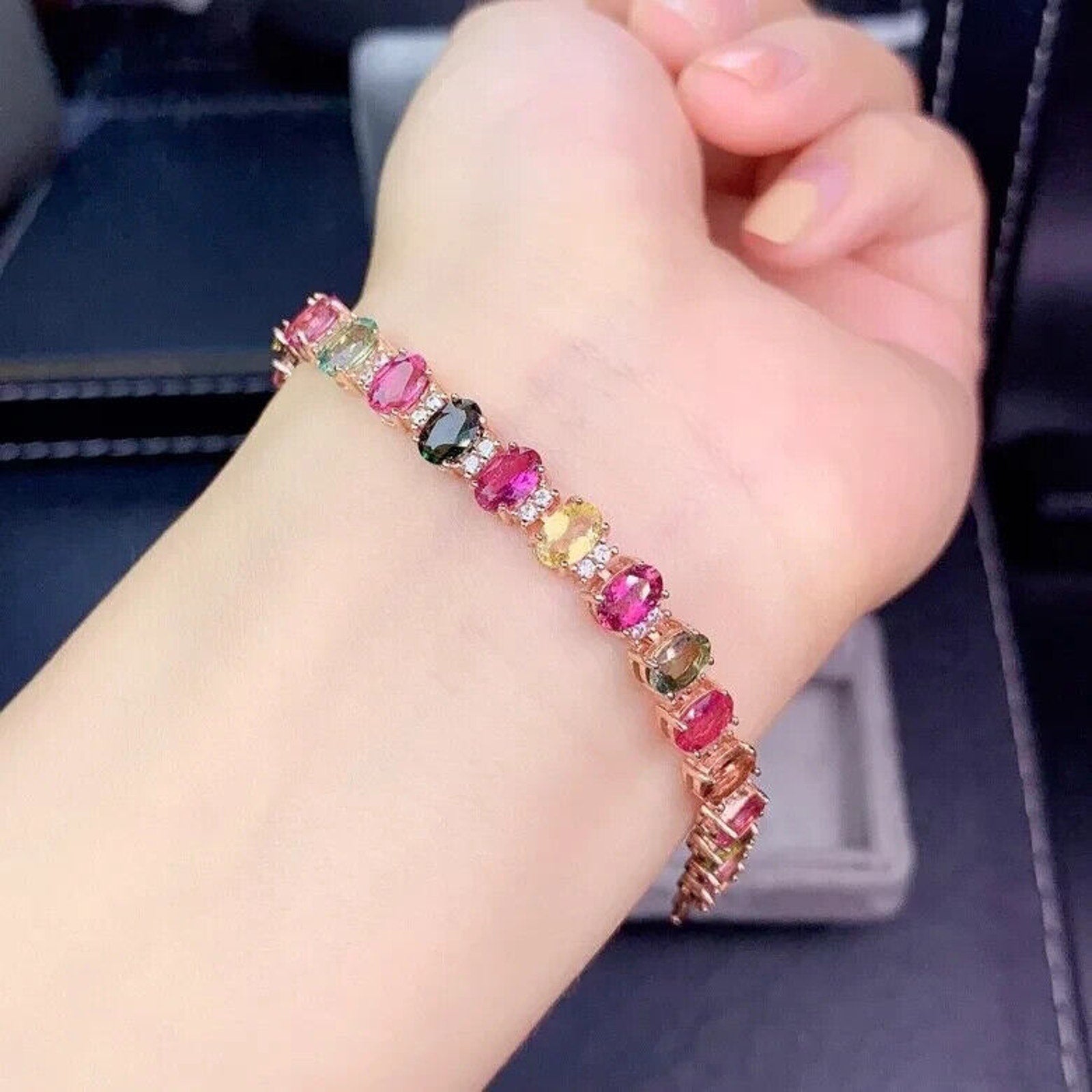 Natural Brazilian Tourmaline Gemstone Tennis Bracelet, Multicolor Tourmaline