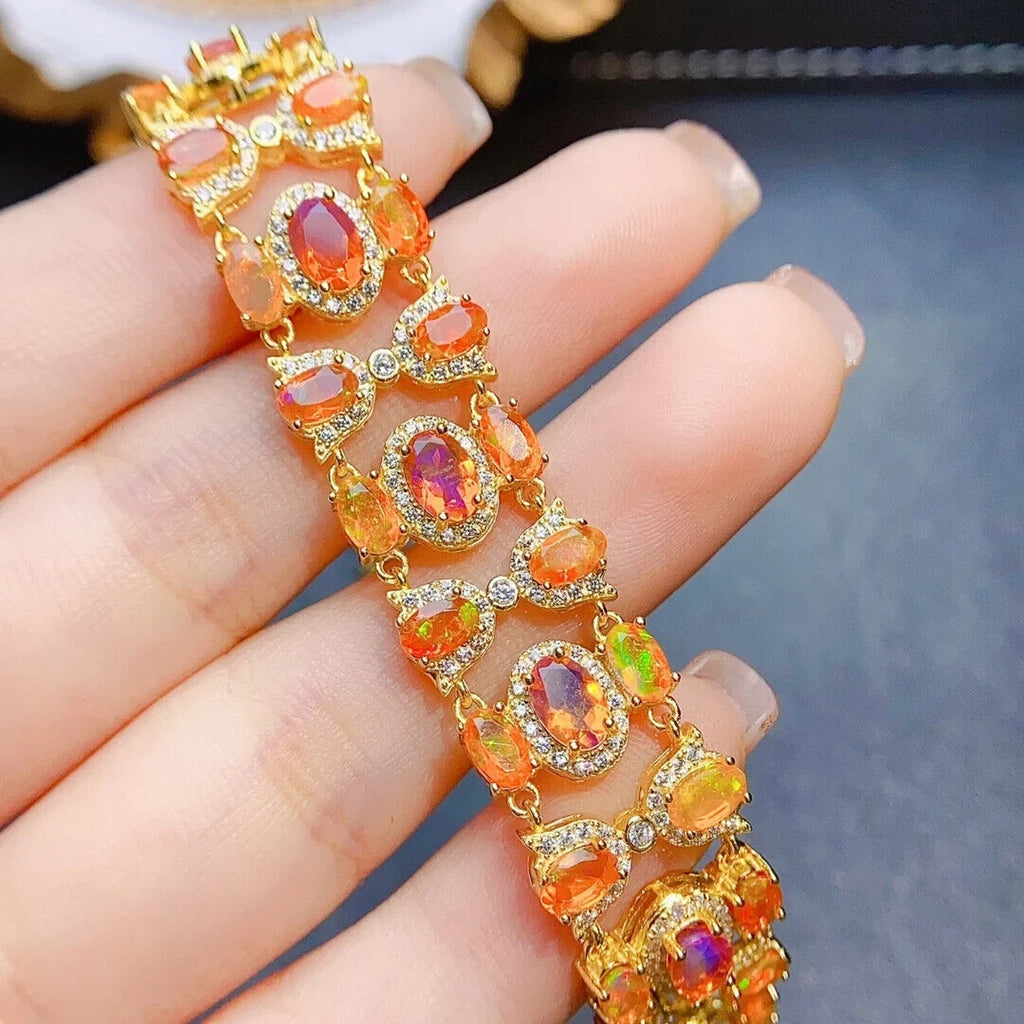 Mexican Orange Fire Opal Gemstone Bracelet, Orange Fire Opal Tennis Bracelet