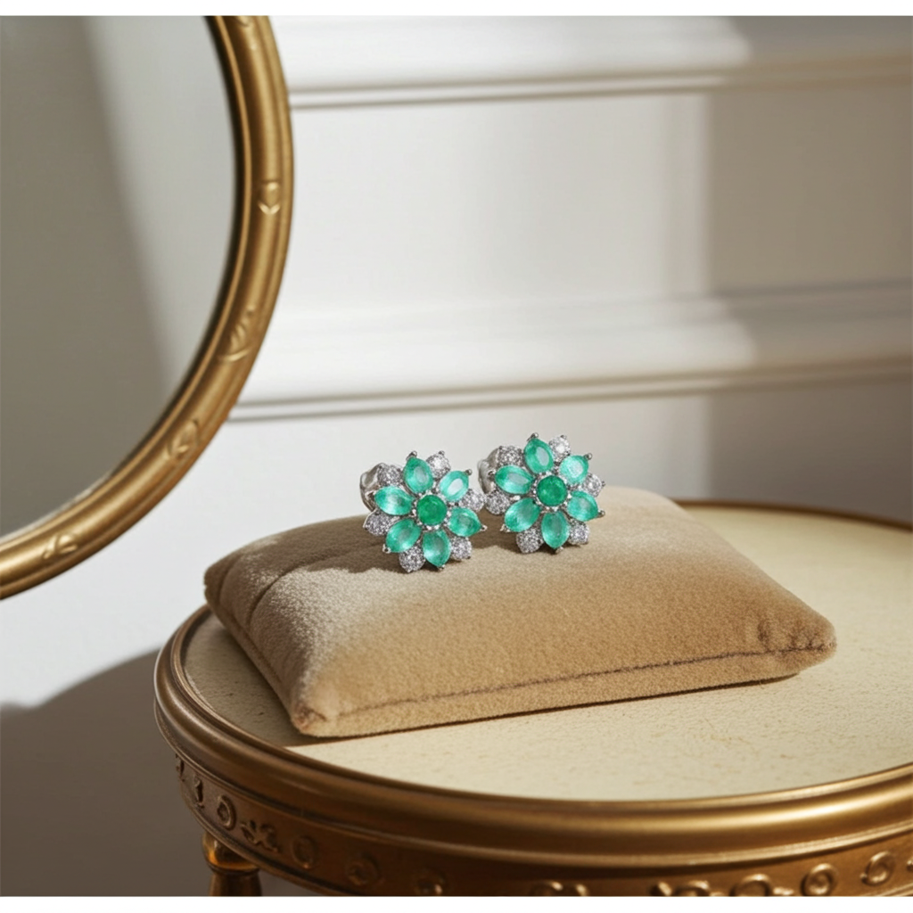 Natural Emerald Flower Cluster Earrings 925 Sterling Silver