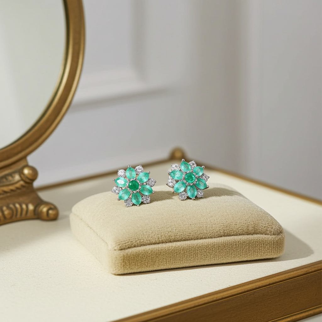 Natural Emerald Flower Cluster Earrings 925 Sterling Silver