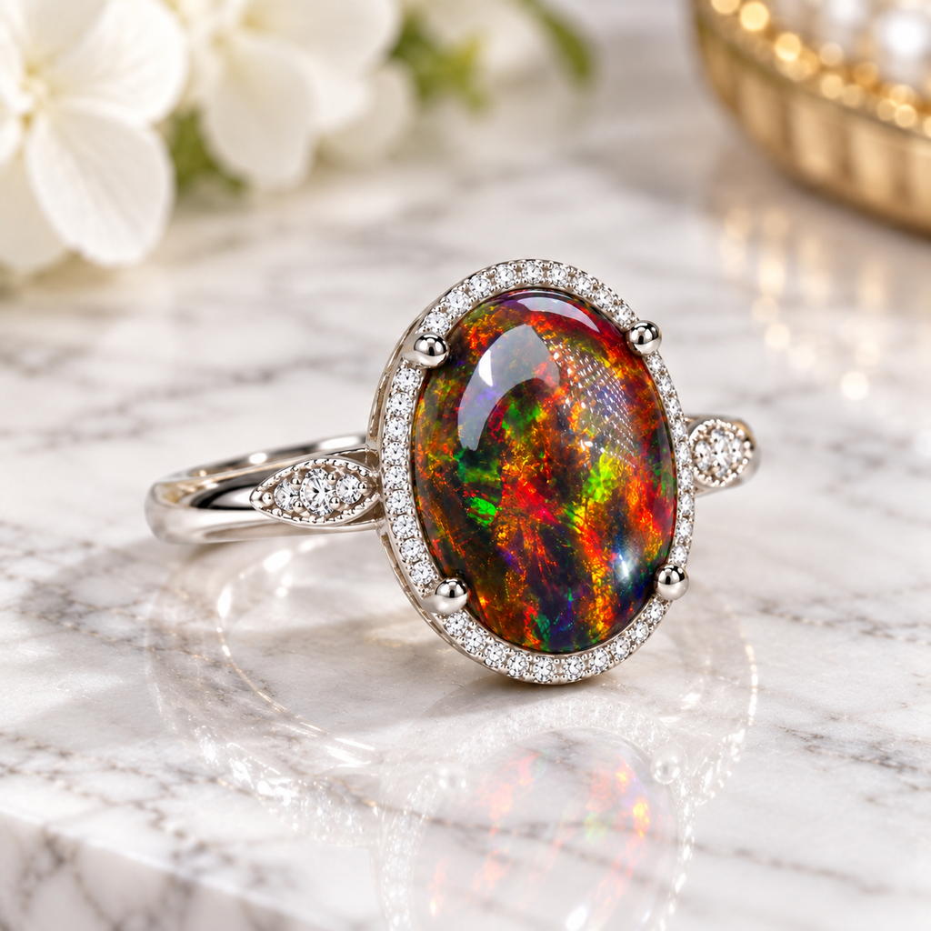 Angled lifestyle photograph of a 10x14mm black fire opal halo ring on white marble, featuring a colorful oval gemstone, four rounded prongs, and decorative silver-tone shoulders.