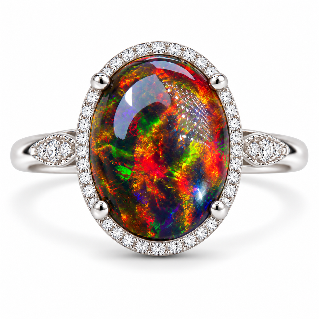 10x14mm black fire opal halo ring displayed on a white velvet jewelry tray against a clean white background, showcasing its multicolored gemstone and silver-tone setting.