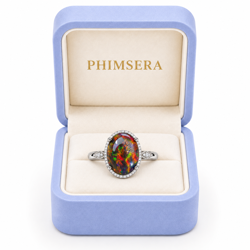 10x14mm black fire opal ring with vivid multicolor flashes, four prongs, and a sparkling halo presented in an open periwinkle Phimsera jewelry box with cream velvet lining.
