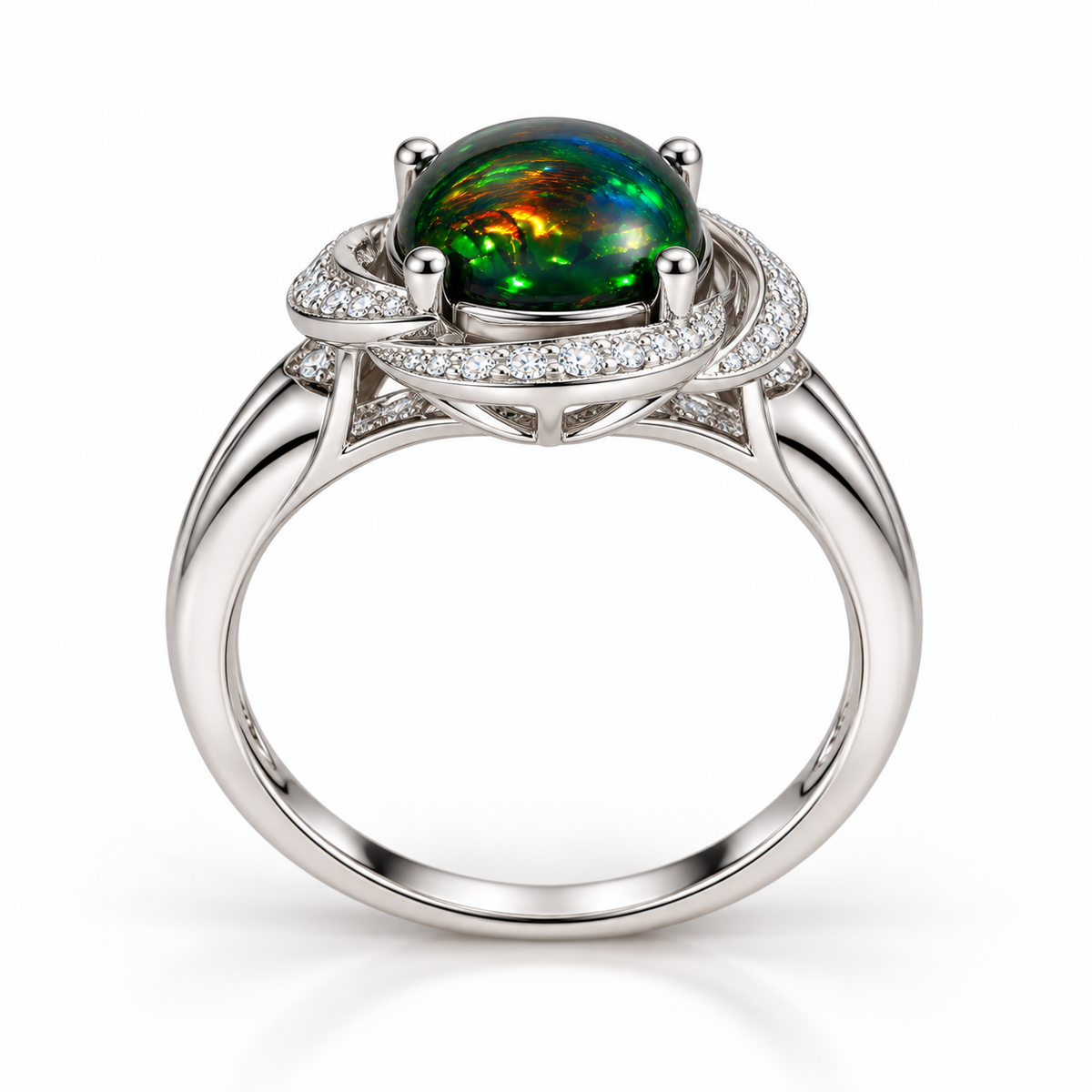 Side profile of an Australian black fire opal halo ring showing the setting and polished band.