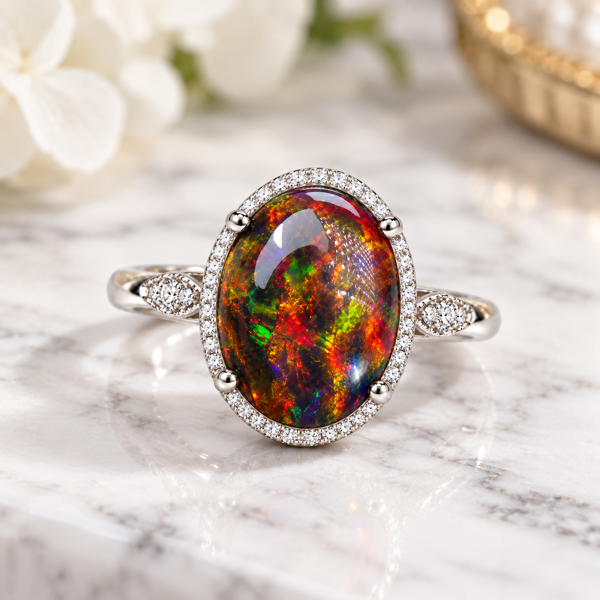 10x14mm black fire opal ring resting on white marble, highlighting its vivid red, orange, green, and blue gemstone flashes, polished silver-tone setting, and sparkling halo.