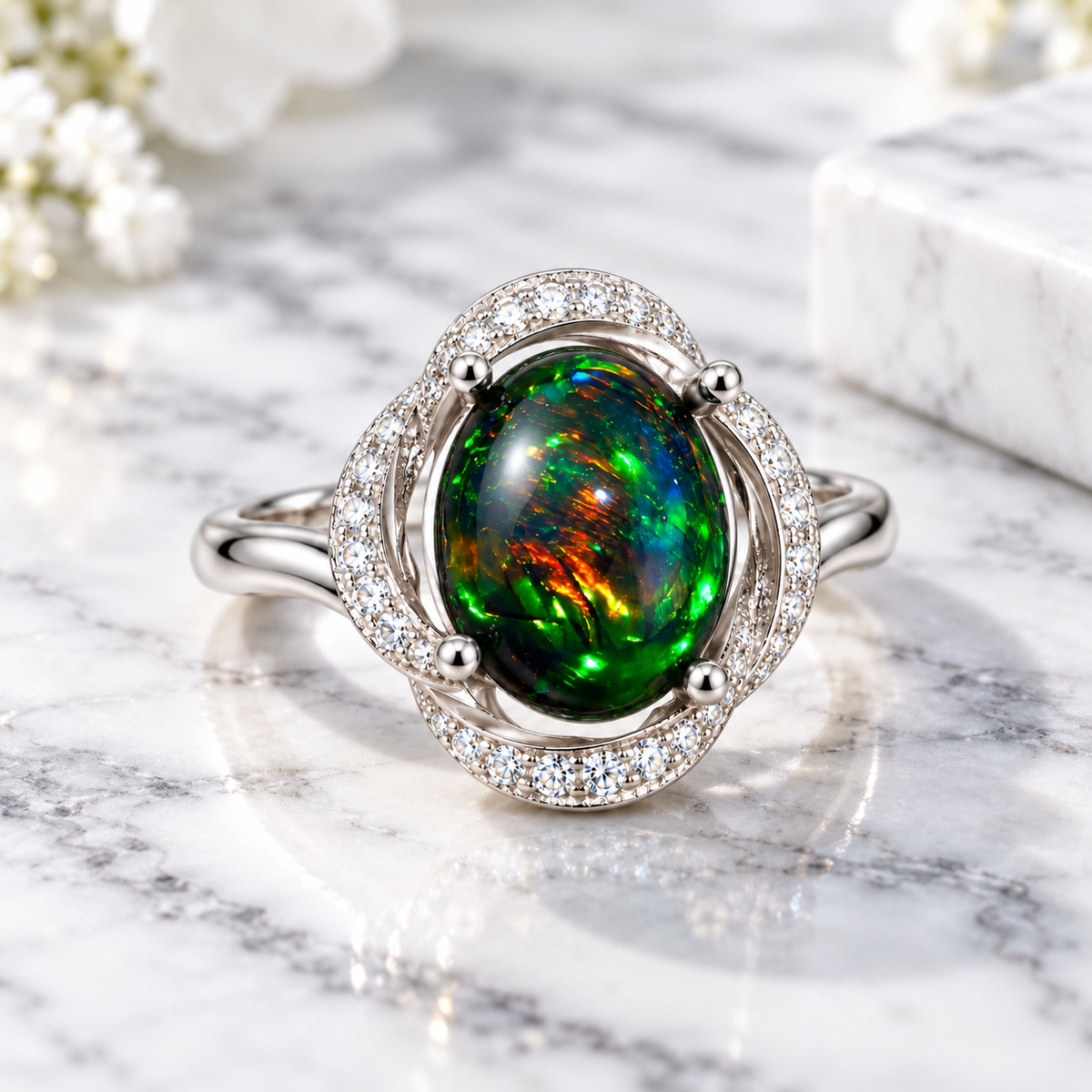 Dyed-black Australian fire opal ring with colorful flashes and a sparkling halo displayed on white marble with gray veining.