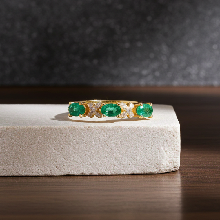 Natural Colombian Band Ring Oval Cut 3x4mm, Sterling Silver Emerald Band Ring