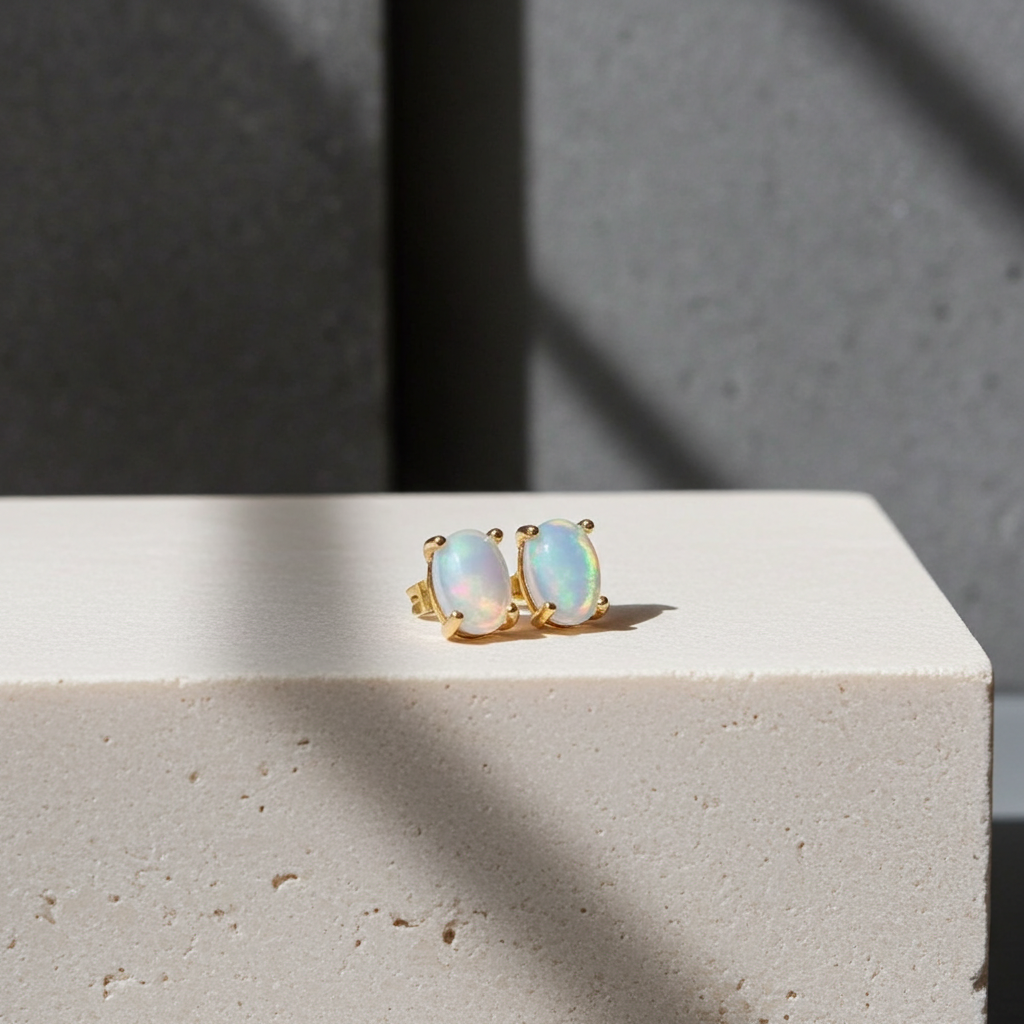 White Fire Opal Stud Earrings 5x7mm 925 Sterling Silver
