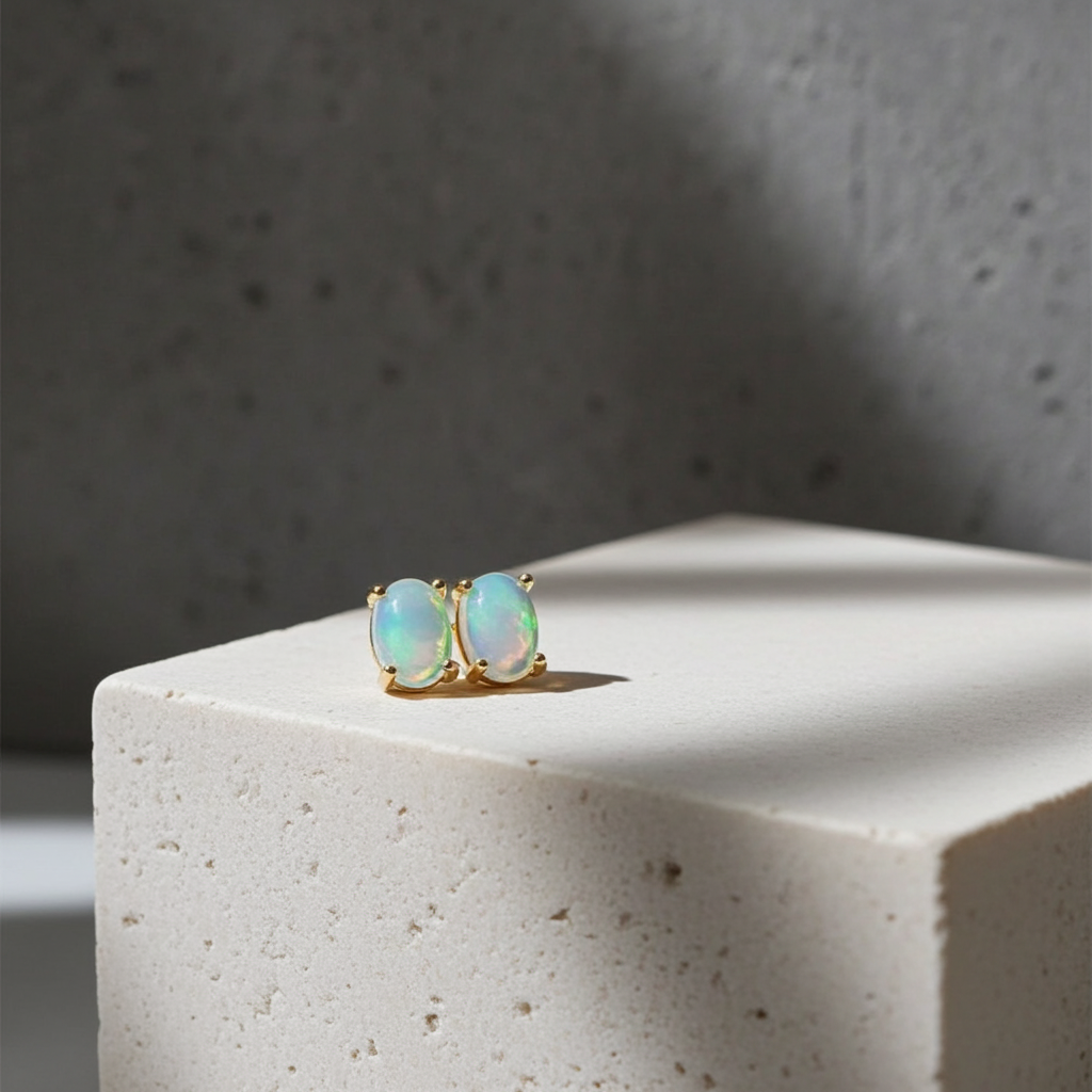 White Fire Opal Stud Earrings 5x7mm 925 Sterling Silver
