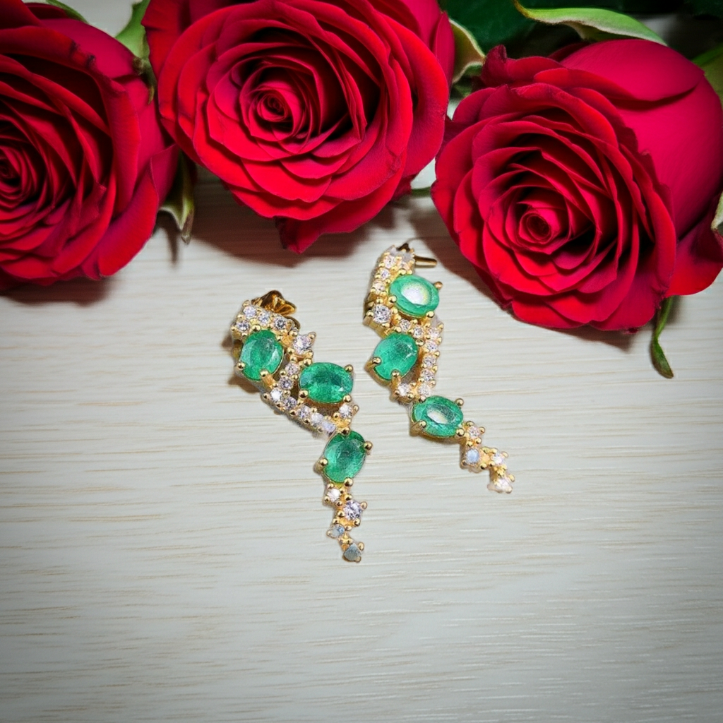 Natural Zambian Emerald Statement Earrings 3x4mm 14k Gold Plated