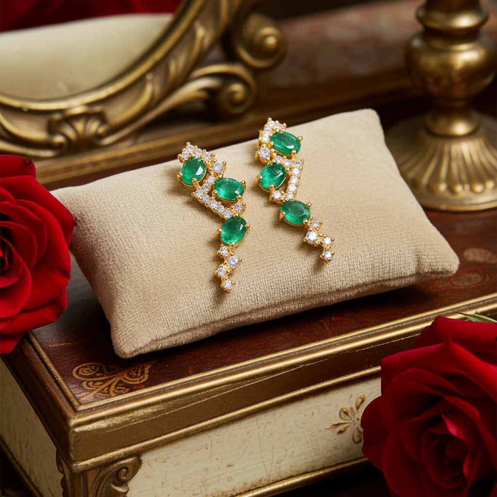 Natural Zambian Emerald Statement Earrings 3x4mm 14k Gold Plated