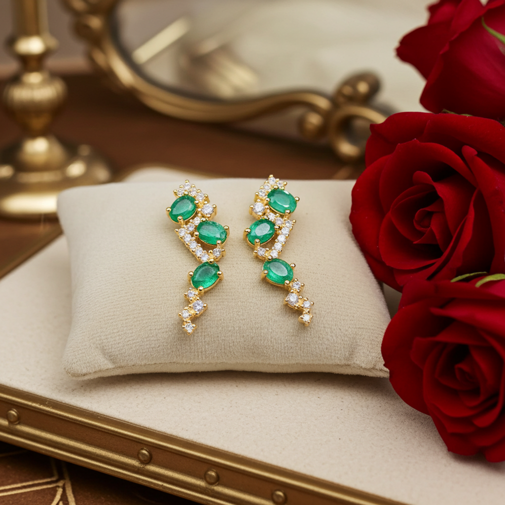 Natural Zambian Emerald Statement Earrings 3x4mm 14k Gold Plated