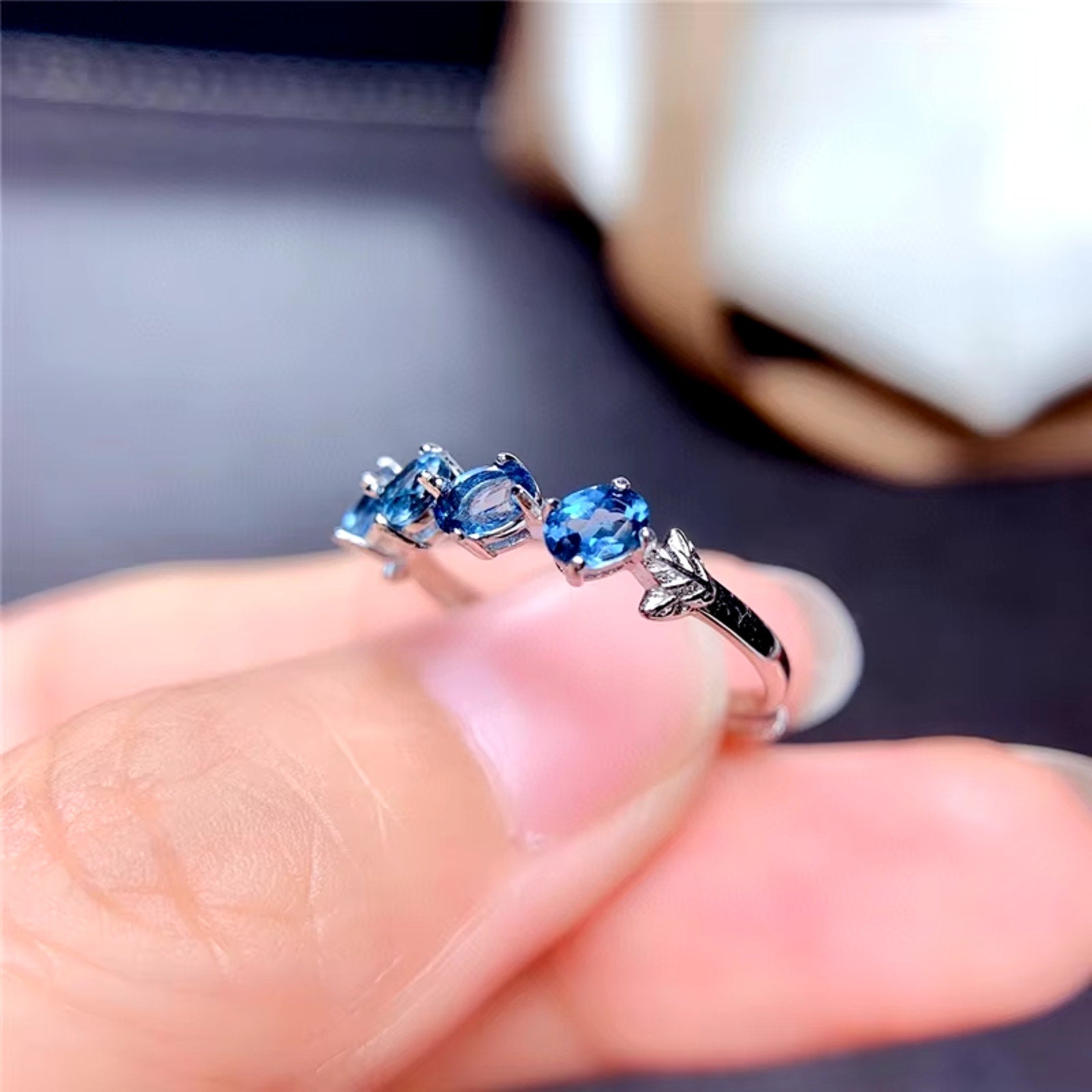 London Blue Topaz Band Ring, Natural London Blue Topaz Gemstone Ring Sterling