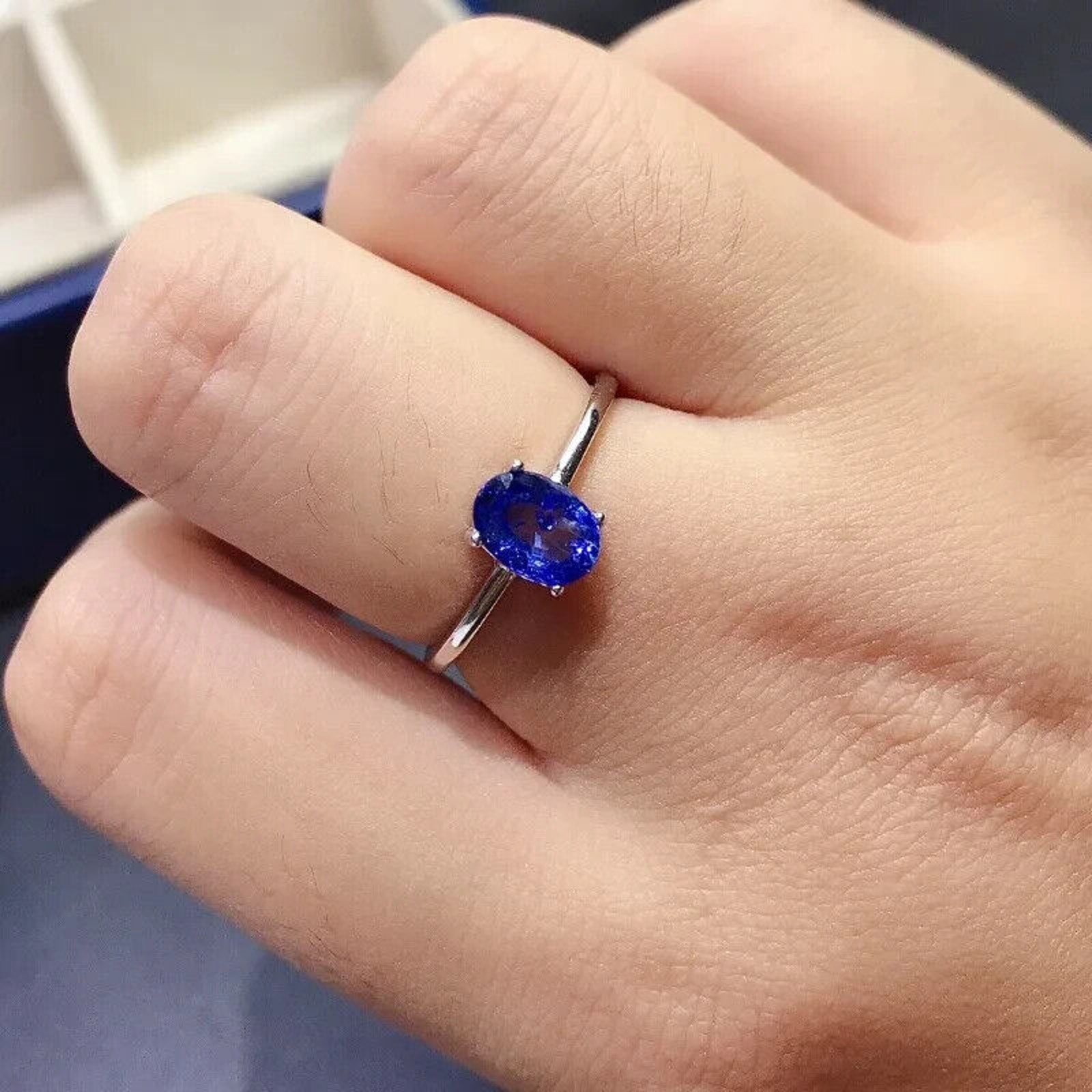 Natural Blue Sapphire Ring 5x7mm, Blue Sapphire Cocktail Ring Sterling Silver