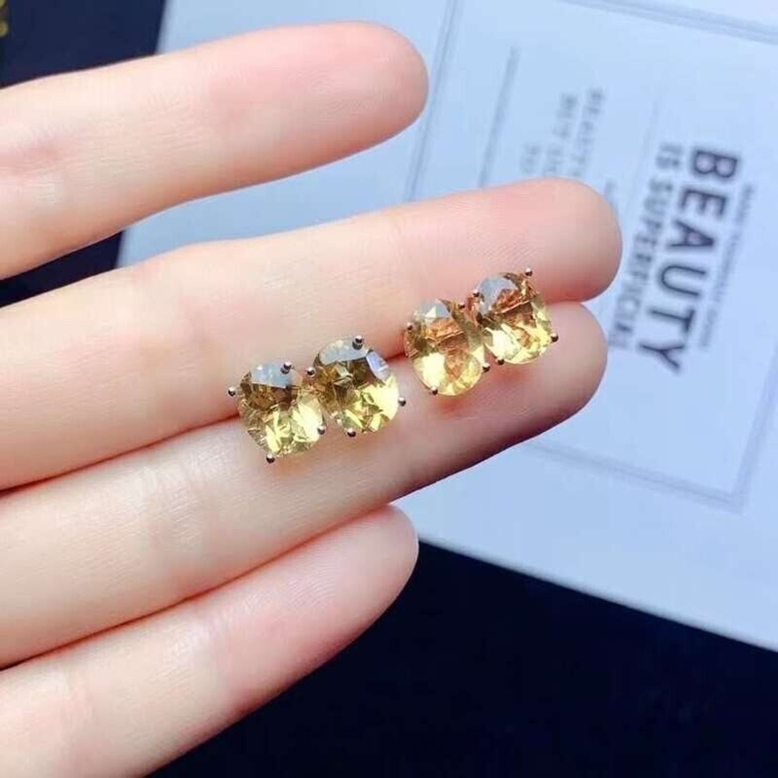 7x9mm Natural Citrine Stud Earrings, Genuine Citrine Stud Earrings 925 Sterling