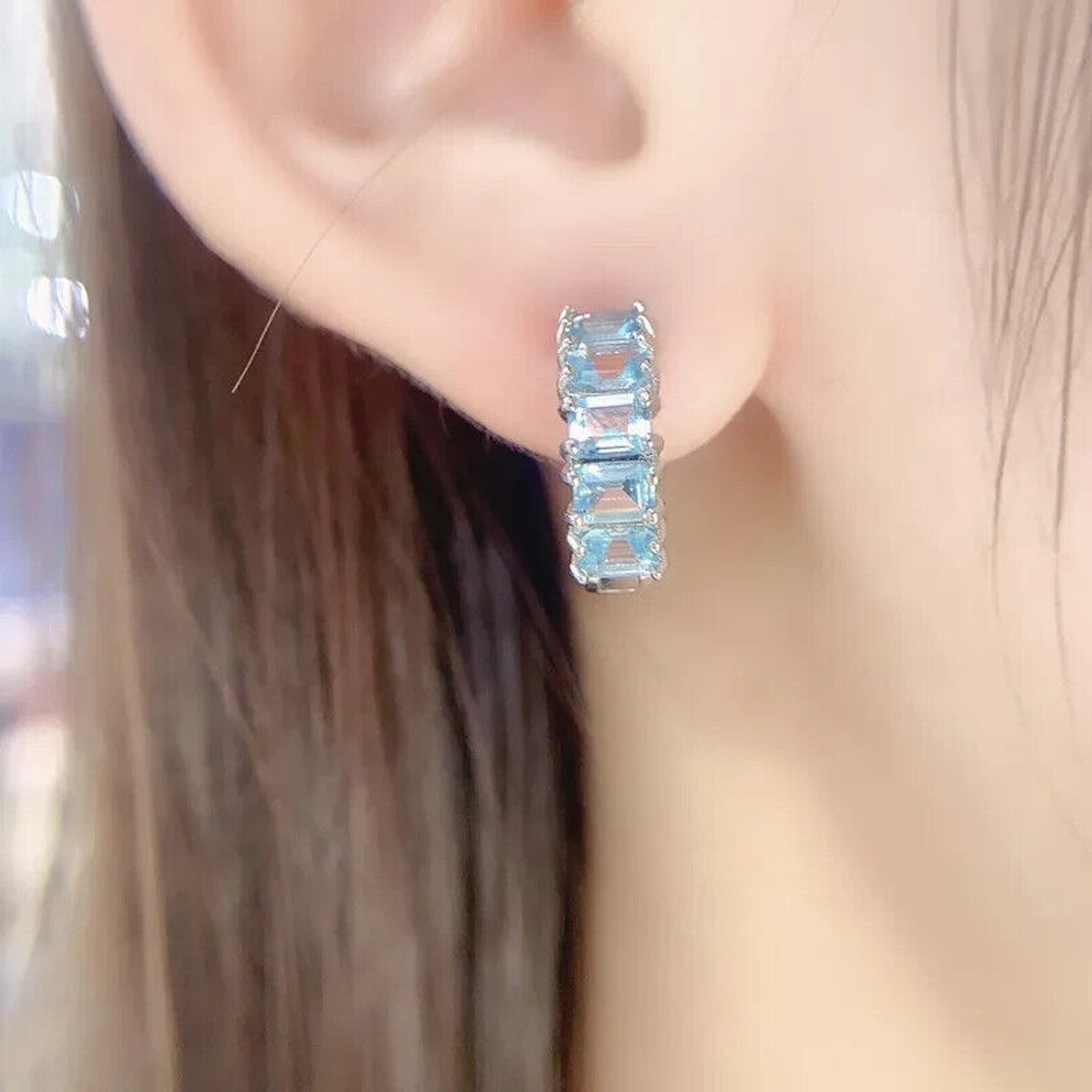 Blue Topaz Hoop Earrings, Sterling Silver Blue Topaz Earrings 3x4mm