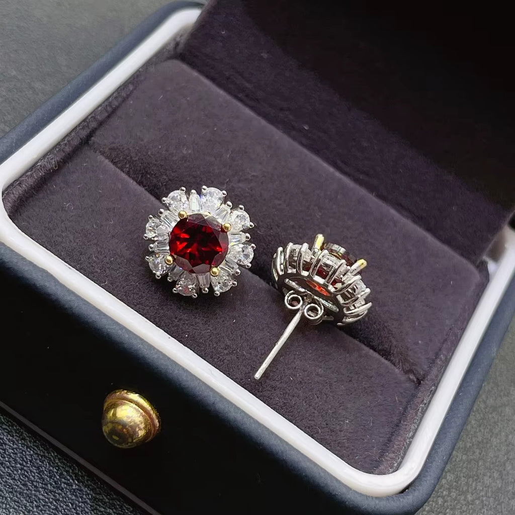 Red Garnet Cluster Earrings 925 Sterling Silver 4mm Natural Garnet Earrings