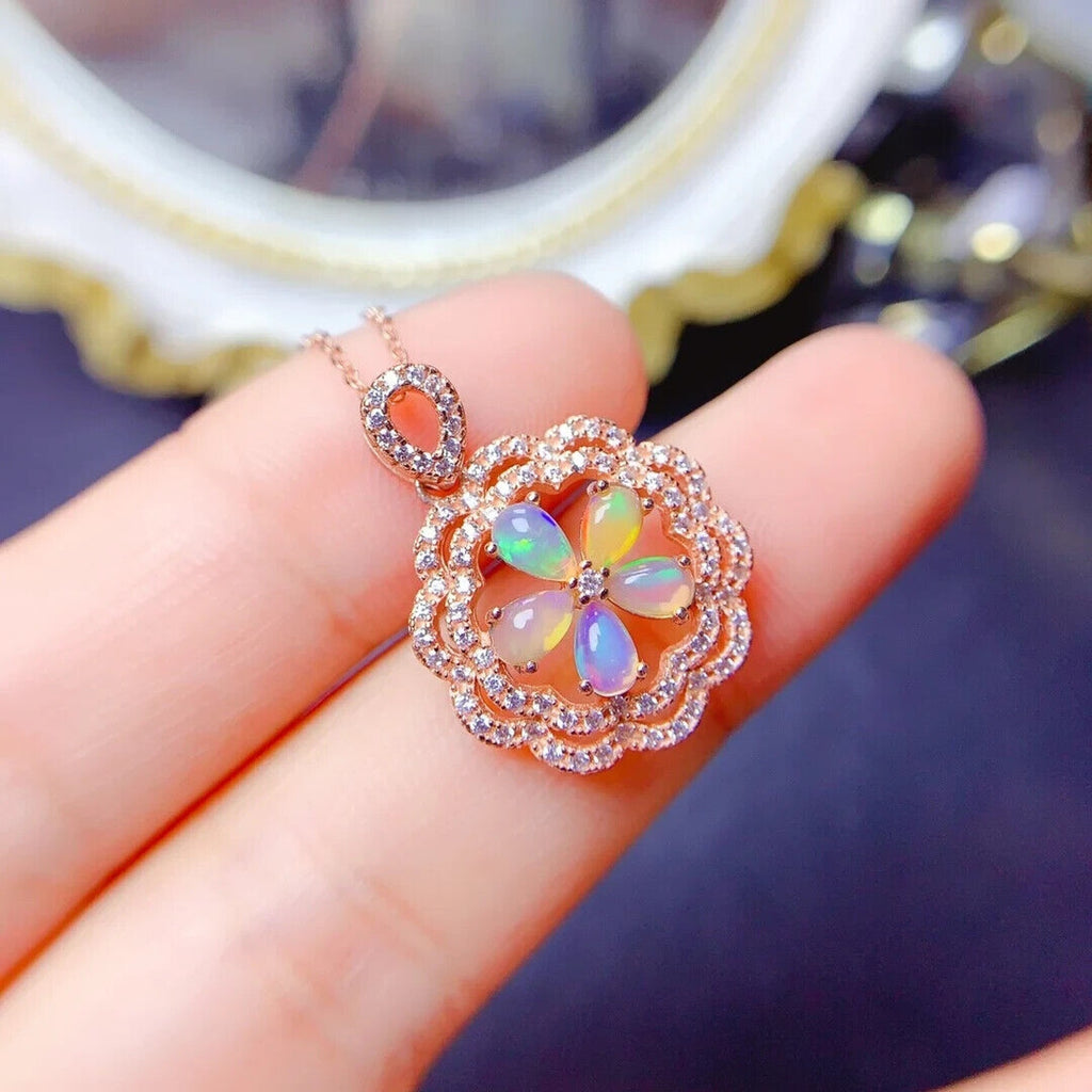 Australian Opal Flower Pendant Necklace 3x5mm, Natural Fire Opal Pendant