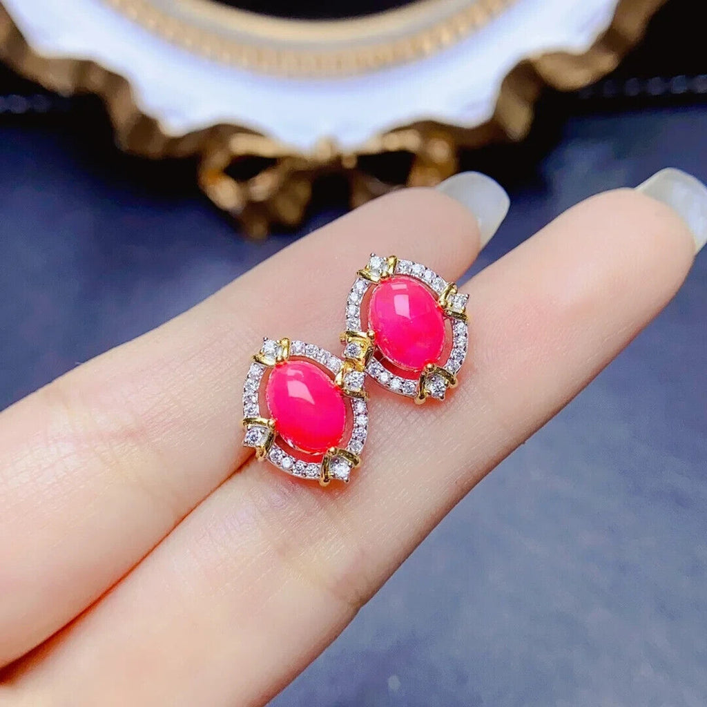 Pink Fire Opal Stud Earrings 6x8mm, Natural Pink Opal Earrings Sterling Silver