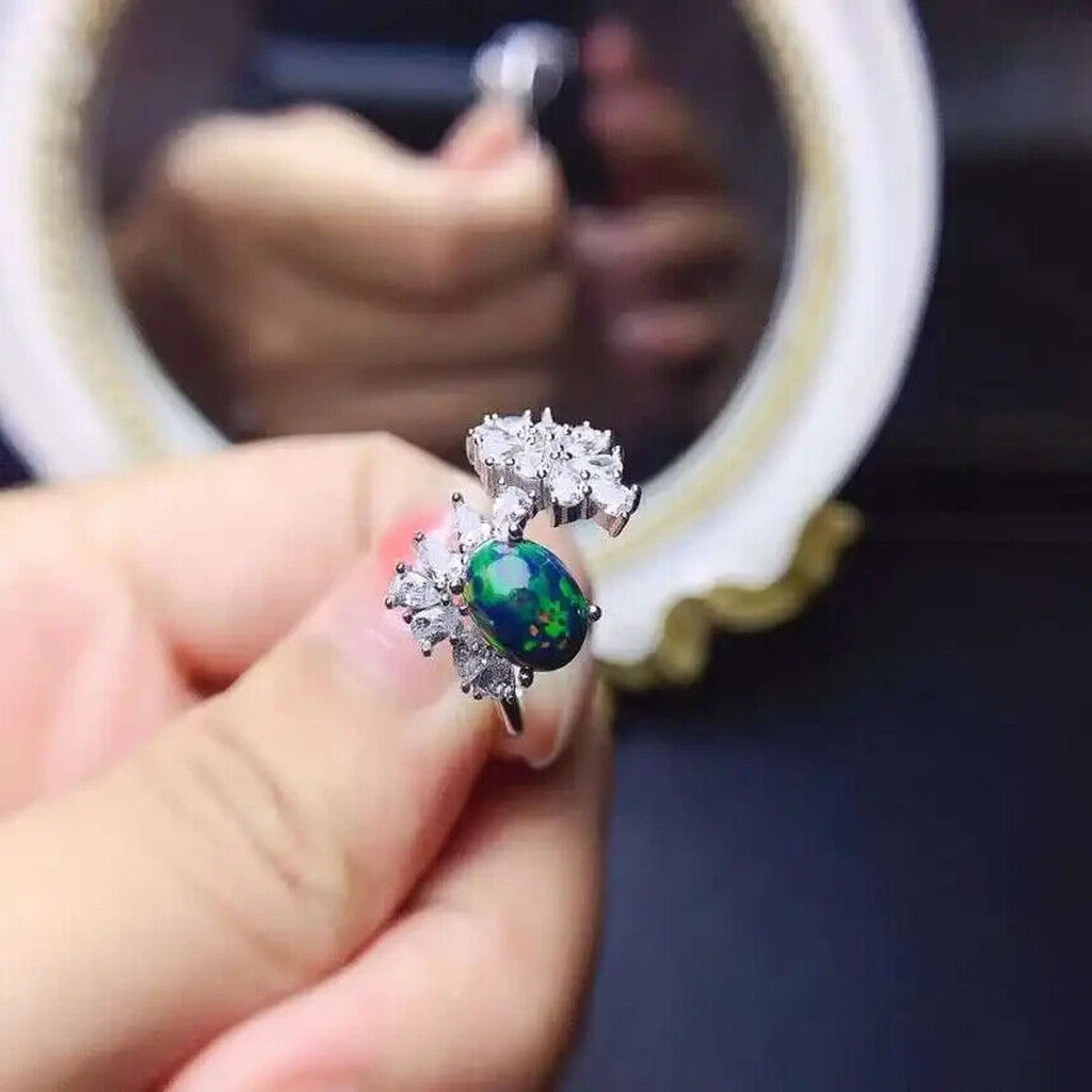 Black Fire Opal and Crystal Cocktail Ring, Natural Fire Opal Cluster Ring