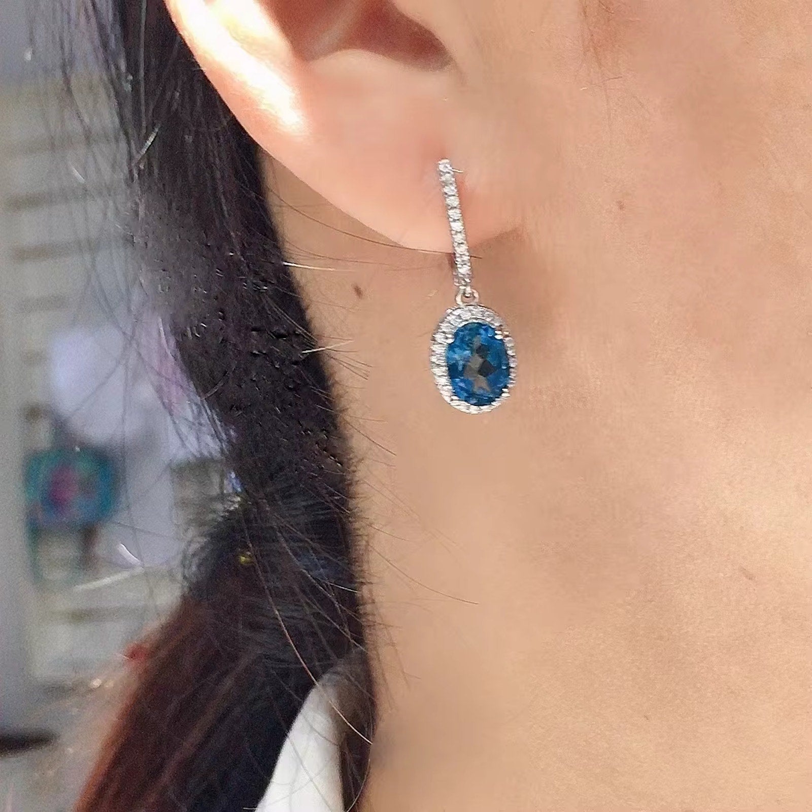 Natural London Blue Topaz Dangle Earrings 925 Sterling Silver 6x8mm